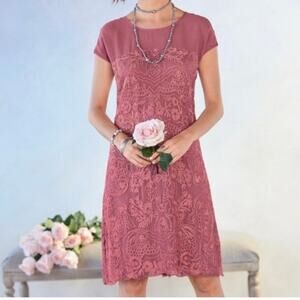 Sundance Dress Lilian Rose Embroidered Short Sleeve Women's Medium Mauve Pink